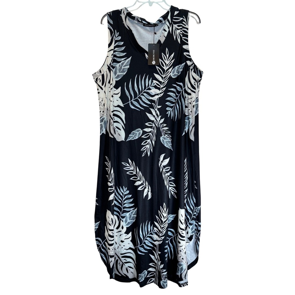 ZILCREMO Tropical Sleeveless Maxi Dress Women's XXL Black Vacation Hawaii Resort